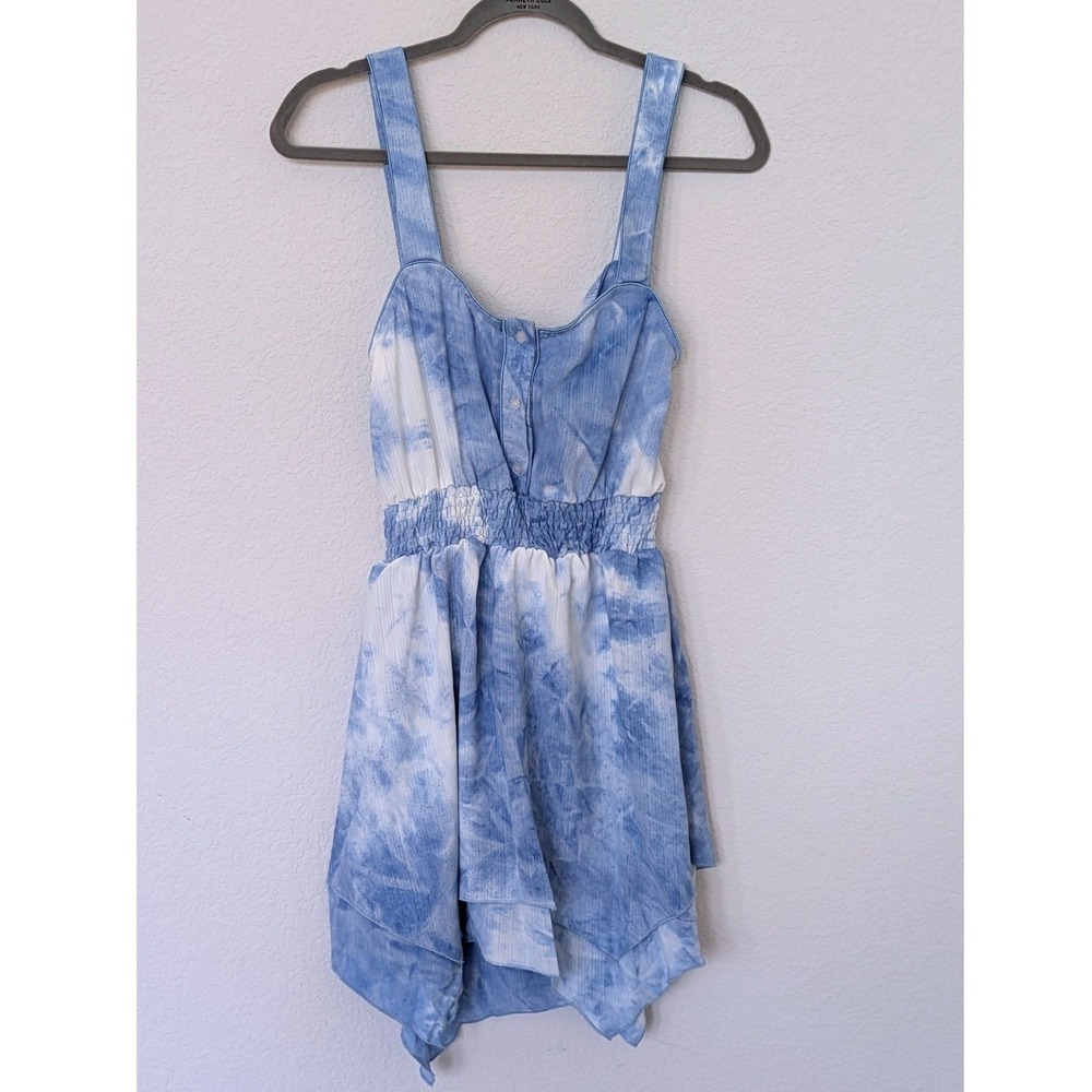 The Shirt Rochelle Behrens Tie Dye Mini Dress Blue Boho Handkerchief Hem - Picture 3 of 8